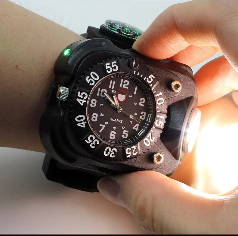 Высокояркие тактические часы фонарик с компасом Спорт на открытом воздухе Водонепроницаемый светодиодный usb зарядка наручные часы лампа фонарь