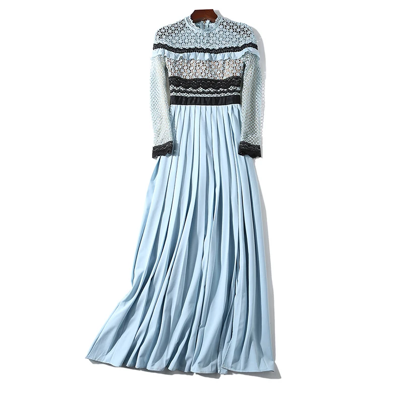 Blue Trytree лето осень высокая улица рюшами Платье-рубашка женское жаккардовое кружевное лоскутное Плиссированное ТРАПЕЦИЕВИДНОЕ ПЛАТЬЕ с разрезом на подоле Повседневное платье - Цвет: Blue