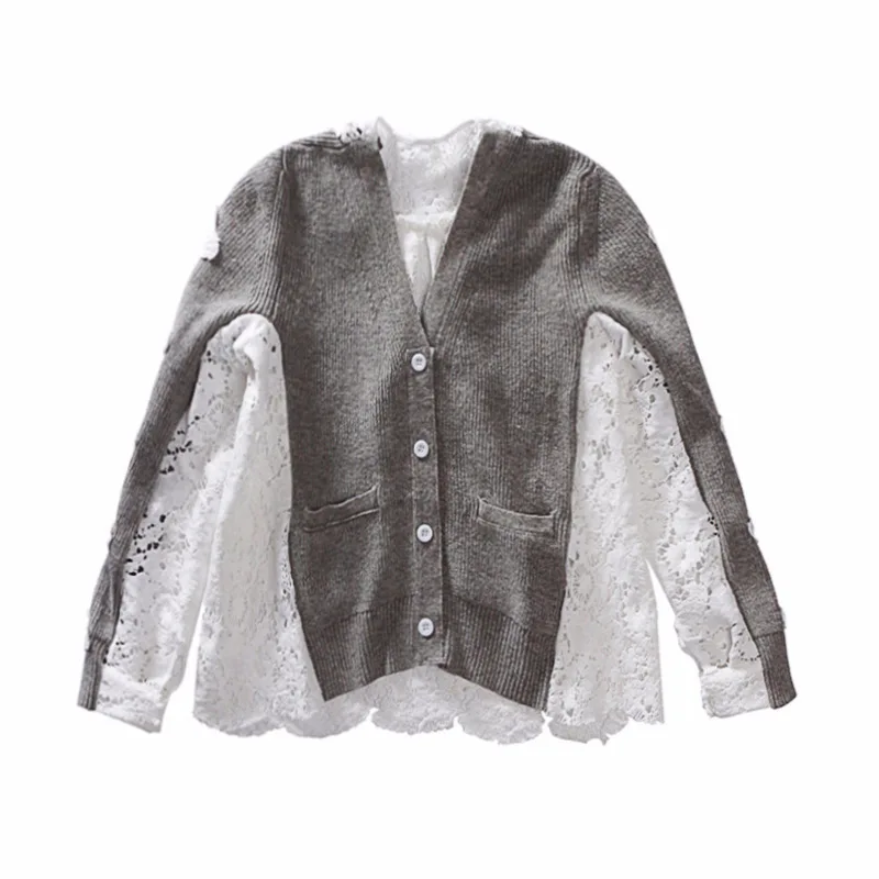 [EAM] 2019 New Spring Summer Fashion Tide Gray Patchwork Lace Long Sleeve Single Breasted V-neck Woman Shirt Blouse S626