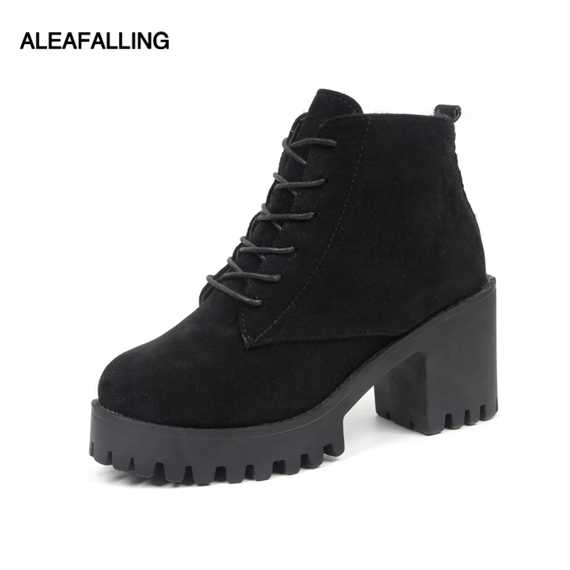 

Aleafalling Women Boots Flock College Students' Shoes Lace Up Zip Open Street Fashion Girls' High Heel Boots Women Shoes AWBT103