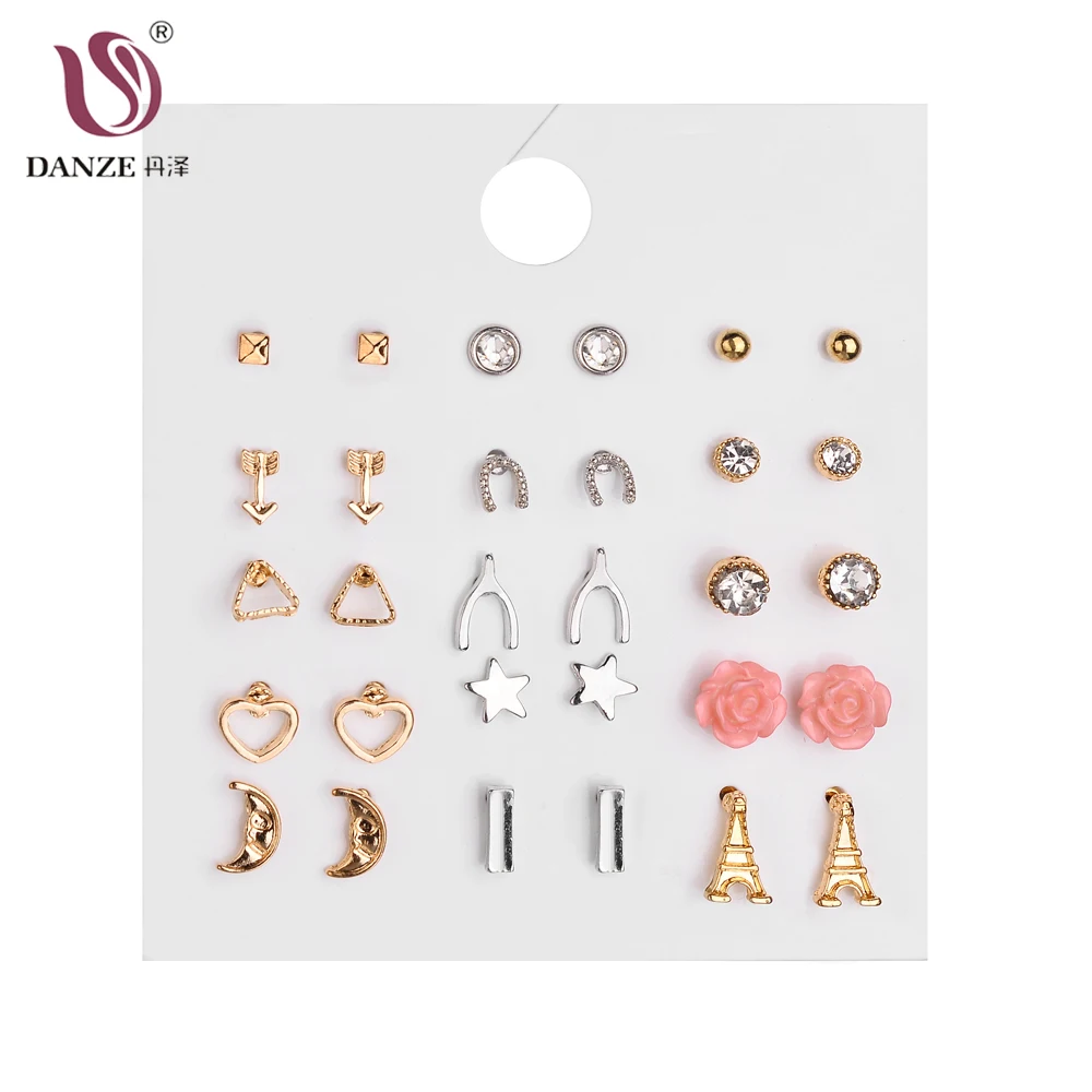 

DANZE 15prs/set Heart Stars Tower Symbol Stud Earrings Set Moon Crystals Pink Flowers Earrings for Women Girls Gifts Earrings