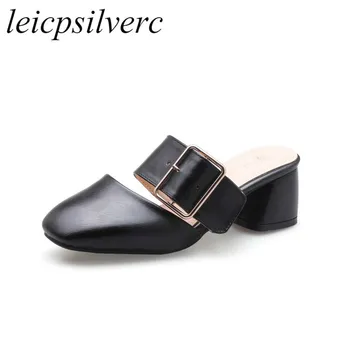 

Women Slippers Summer Spring Med Heels Shoes Pu Square Toe Buckle Sandals 2019 New Sexy Fashion Outside Casual Slides Black Red