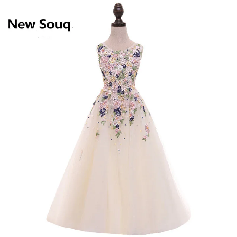 

Colorful 3D Flower Beaded Flower Girl Dresses Soft Tulle Backless Summer Kid Pageant Gowns Formal Girl Birthday Party Wear