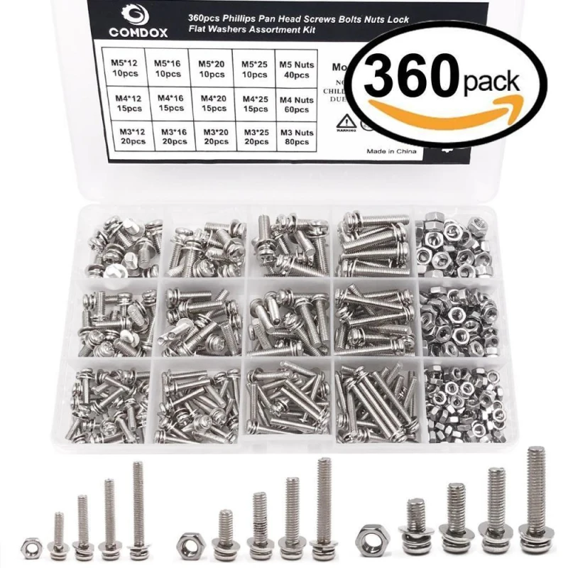 

360-Pack 12 Sizes Pan Head Machine Screws Bolts Nuts Lock