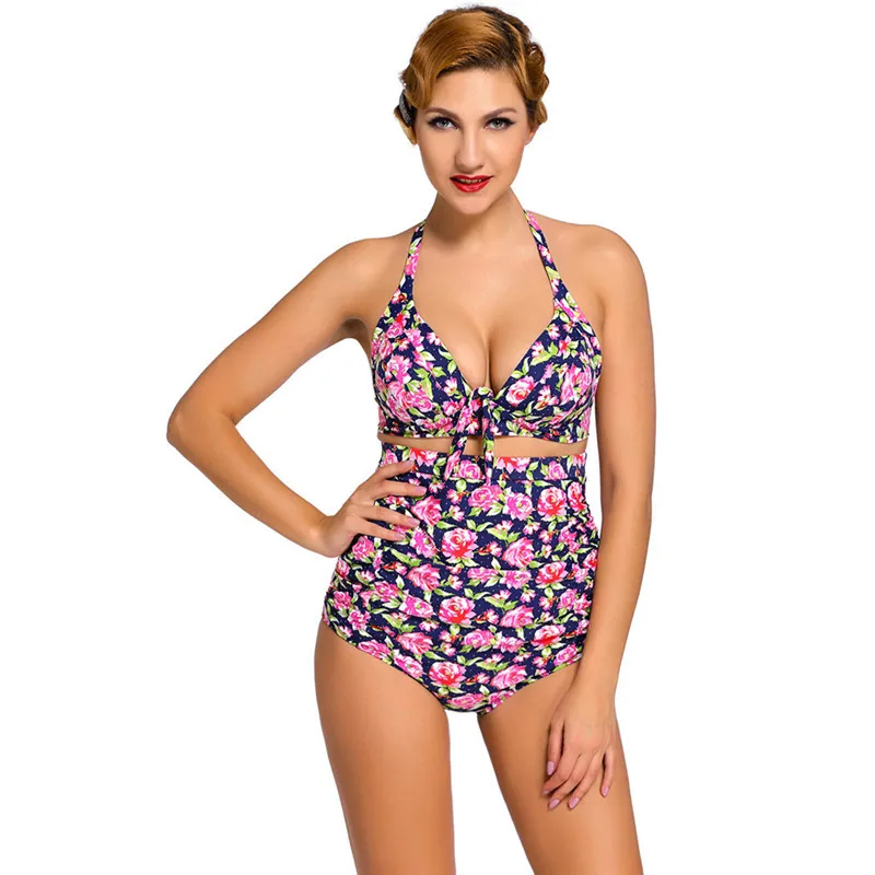 

Women Vintage Floral Print Tankini Two-piece Bathing Swimsuit Summer Beach High Waist Swimwear Halter Strap Crochet Bikini322