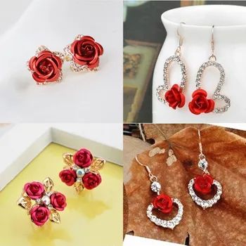 Hot Fashion Charming Trendy Cute Red Rose Wedding Earrings Crystal Rose Flower Earrings Pentagram Stud Earrings Party Jewelry
