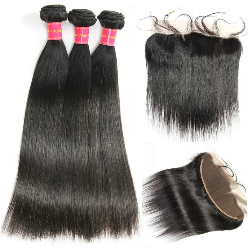 Peruvian Straight Human Hair 3 Bundles With Frontal With Baby Hair 13x4 Lace Frontal Closure With Bundles Non Remy Hair Devotion