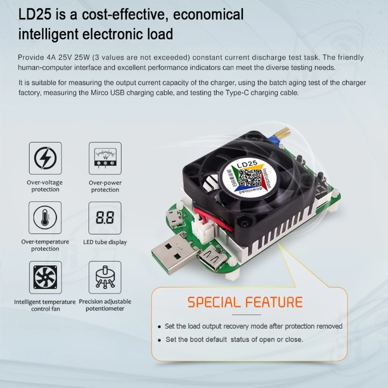 RD LD25 электронный нагрузочный резистор USB интерфейс разрядка тест батареи 25 Вт тест er