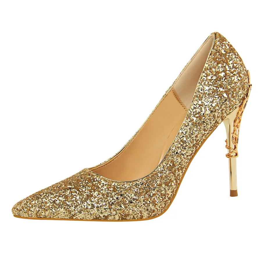 Cena 2019 Sexy ze świecidełkami brokatem buty kobieta pompy czarne złoto srebro wysokie obcasy buty kobieta panie buty weselne G0040