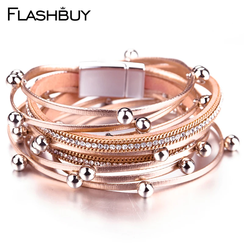 Кожаные браслеты Flashbuy для женщин Простые Браслеты Стразы из сплава с бусинами