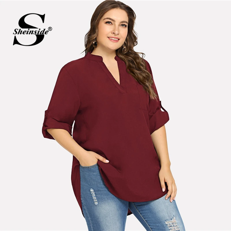  Sheinside Plus Size 4 Color V Neck Roll Up Sleeve Top Asymmetrical Long Chiffon Blouse Women Shirts