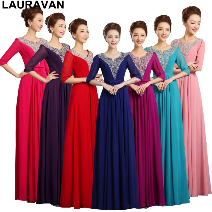 

long hot pink red blue fuchsia bridesmaid girl women sleeved dress bridemaid v-neck line bridesmaids chiffon dresses 2xl gown