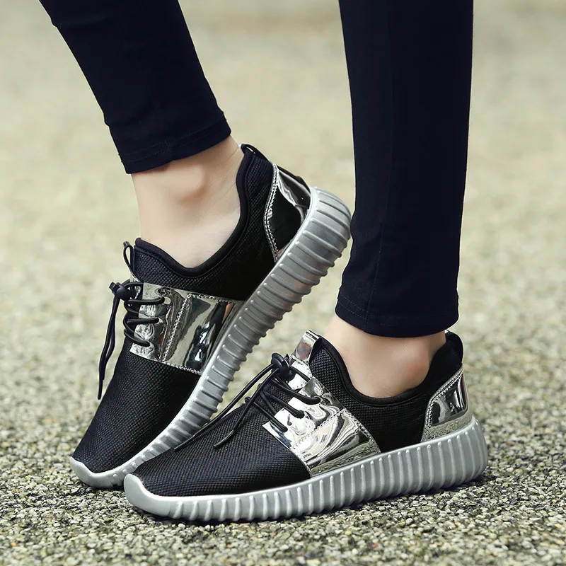 Couple Gold Air Mesh Glossy Men Casual Basket Femme Light Soft Shoes Fashion Breathable Outdoor Sapatos