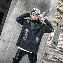 Men High Street Fashion Broken Hole Turtleneck Pullover Sweater Male Hip Hop Loose Casual Knitted Sweater Knitwear