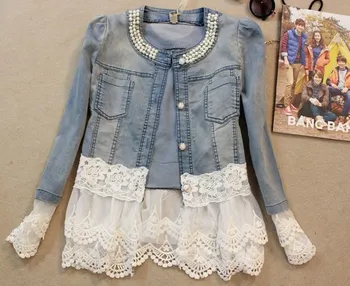 

Women Office Lace Patchwork Jackets Outerwear Casual Lady Jeans Jacket Beading Slim Denim Autumn Jacket Work Wear