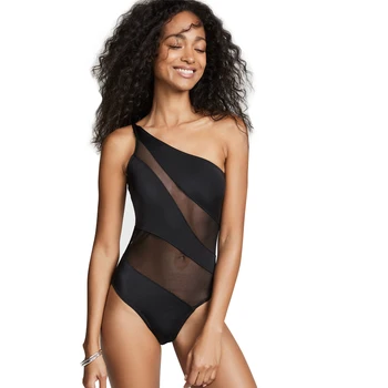 

Sexy One Piece Swimsuit See Through Bathing Suit Black Mesh Trikini One Shoulder Swimwear Women Swim Bodysuit Female