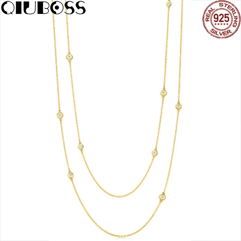 

QIUBOSS TIFF 925 Sterling Silver Brand New Genuine Necklace Gold Color Choose Women's Elegant Zircon Necklace DIY Gifts