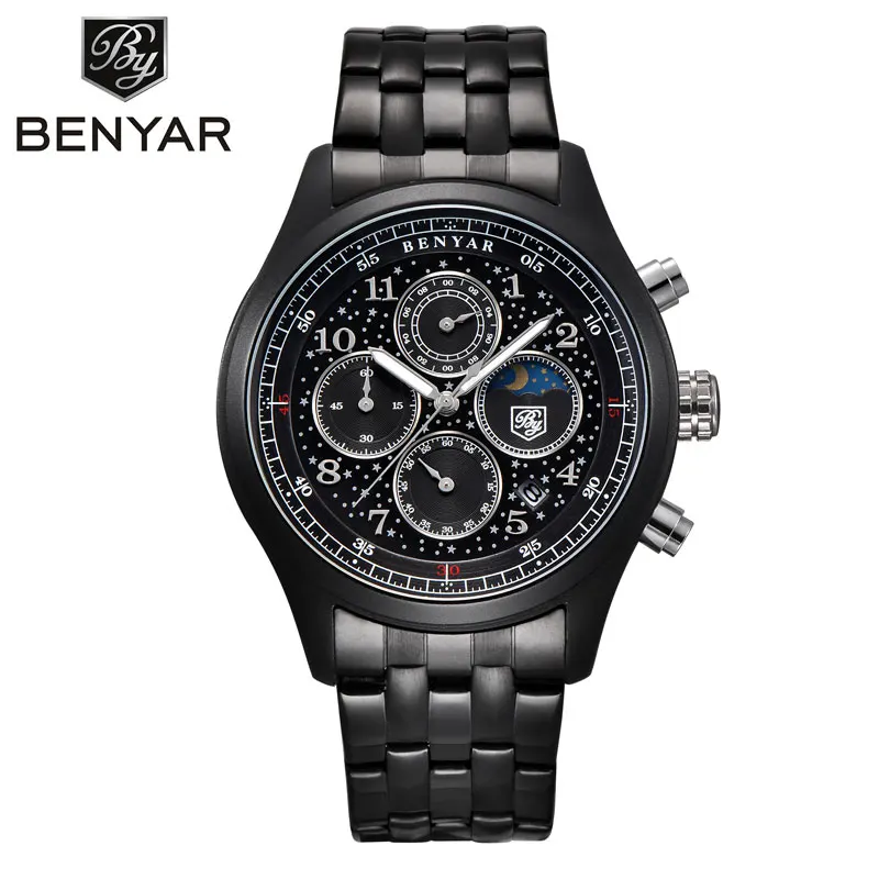 

BENYAR Moon Phase Display Chronograph Leisure Business Brand Men Sports Watch Military Waterproof Black Clock Relogio Masculino
