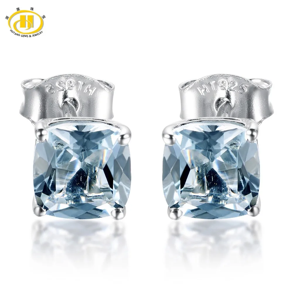 

HUTANG 1.817ct Natural Aquamarine Cushion 6mm Stud Earrings Solid 925 Sterling Silver Gemstone Fine Jewelry Earring Women's Gift