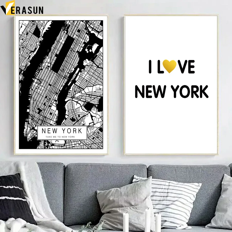 Black White New York Map Quotes Wall Art Canvas Painting Nordic Posters