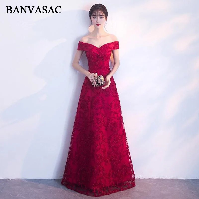 

BANVASAC 2018 Elegant A Line Sweetheart Lace Appliques Long Evening Dresses Party Short Sleeve Backless Prom Gowns
