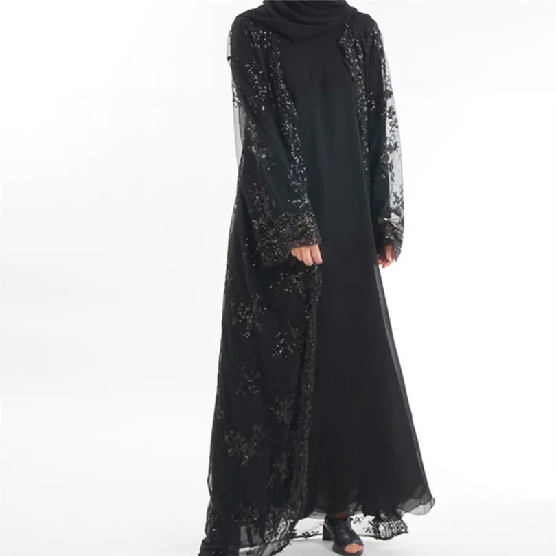 New Muslim Women Summer Lace Sequin Cardigan Long Sleeve Maxi Dress Kimono Open Abaya Robe Kaftan Dubai #4F08 (5)