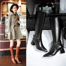 ZawsThia/коричневые женские сапоги из искусственной кожи на молнии с пряжкой; женская обувь зимние сапоги до колена для верховой езды Большие размеры 41, 42, 43