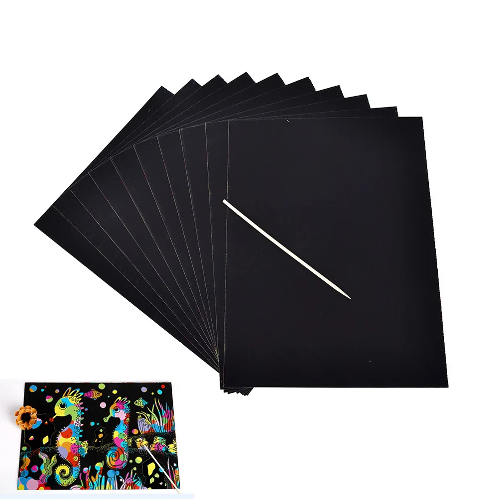 

10 Sheets Rainbow Scratch Colourful Stencil Art Craft Engraving Paper With Pen Drawing paper