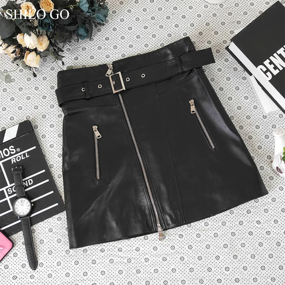 

SHILO GO Leather Skirts Womens Summer Fashion sheepskin genuine leather Skirts metal belt front zipper side pocket A Line skirts