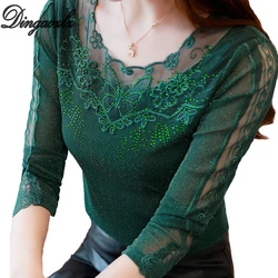Dingaozlz Autumn Women shirt 2021 New Casual Lady blouse Patchwork Mesh Lace Tops Hot Sale clothing Elegant Diamond shirt