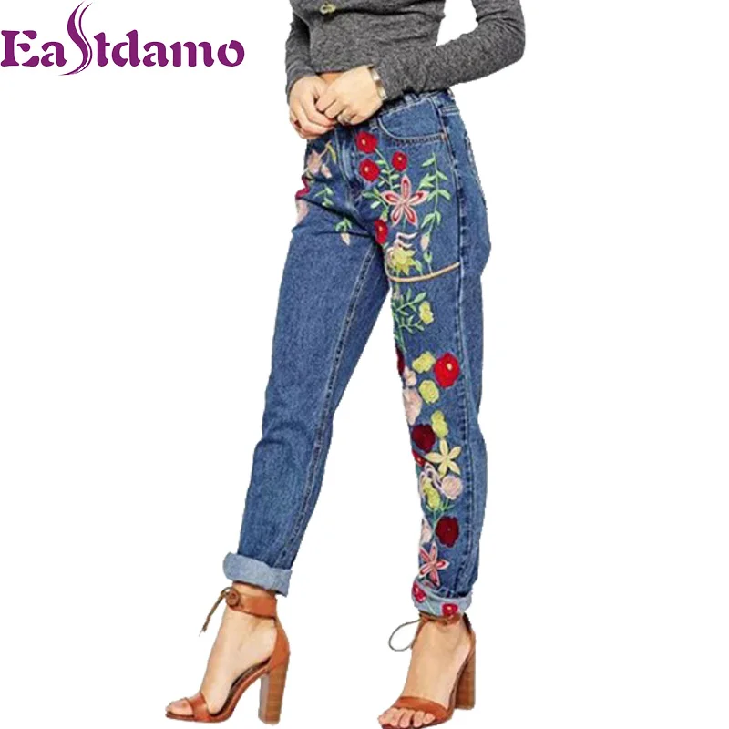 Eastdamo 2017 Blue Floral Embroidery Jeans Woman High