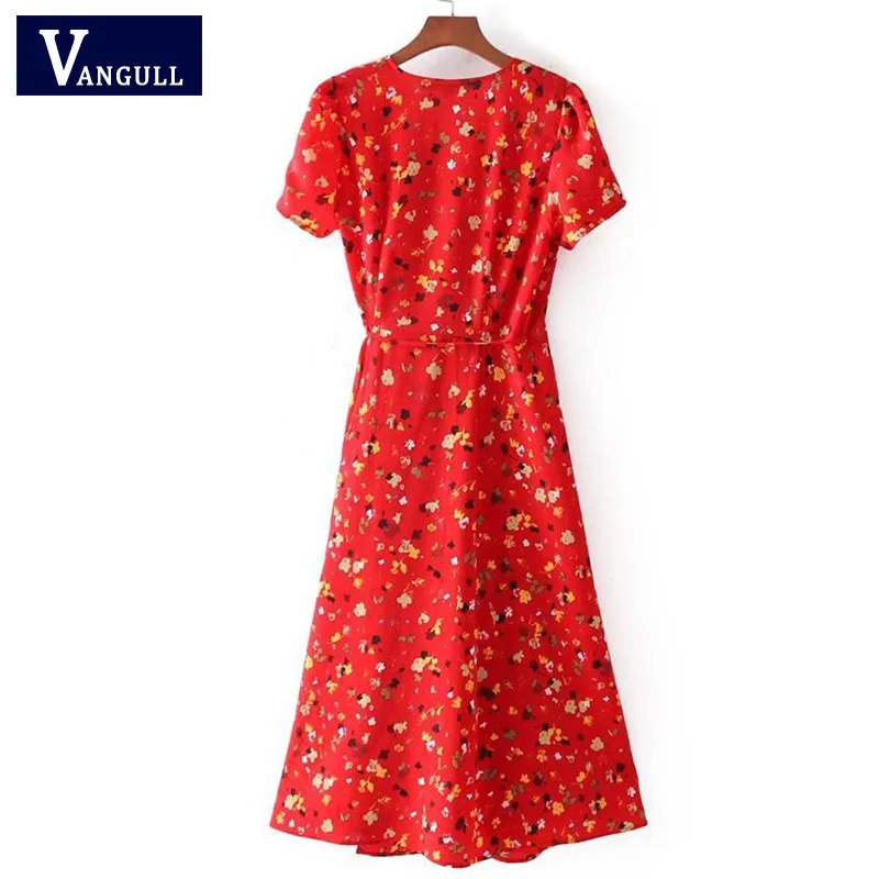 Женское платье миди с V образным вырезом и цветочным принтом|vestidos mujer|retro summer