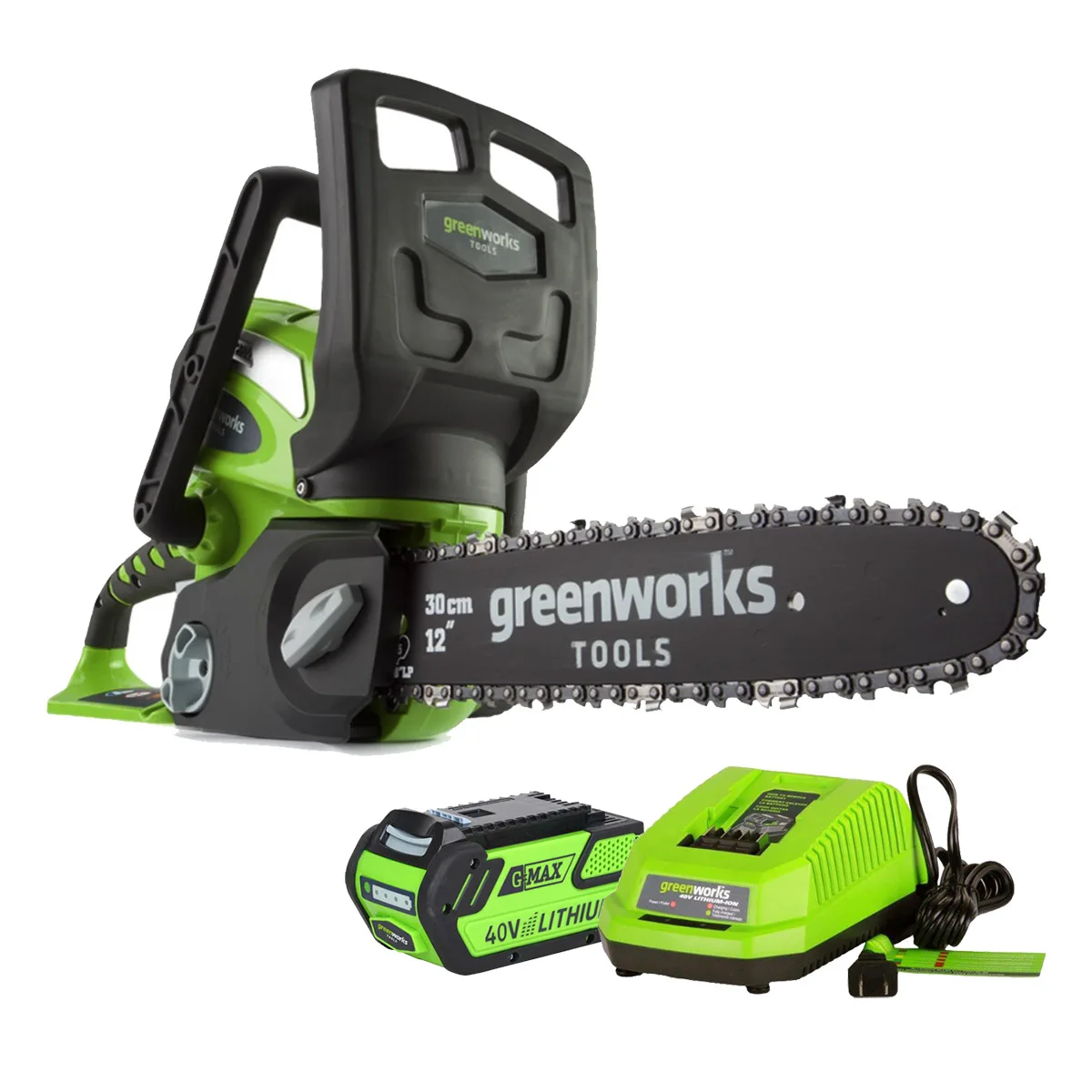 Пила цепная аккумуляторная Greenworks G40CS30 40V (Длина лезвия 300мм, 60 минут автономной работы, автоматическая смазка