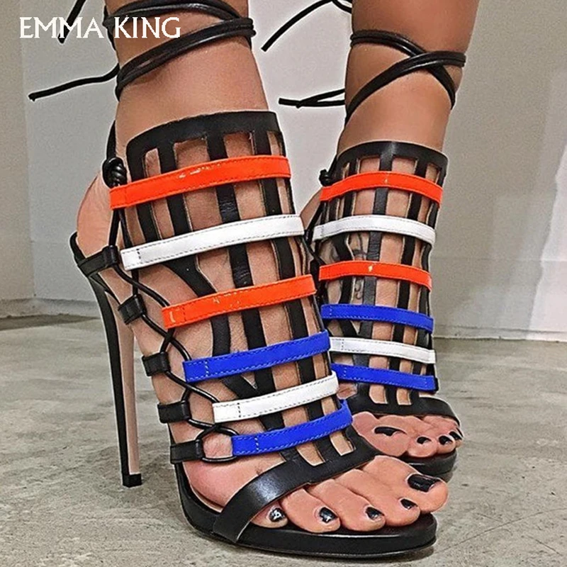 

EMMA KING Mixed Colors Street Shooting Multiple Straps High-heeled Open-toe Sandals Sexy Nightclub Catwalk Stiletto Shoes Women