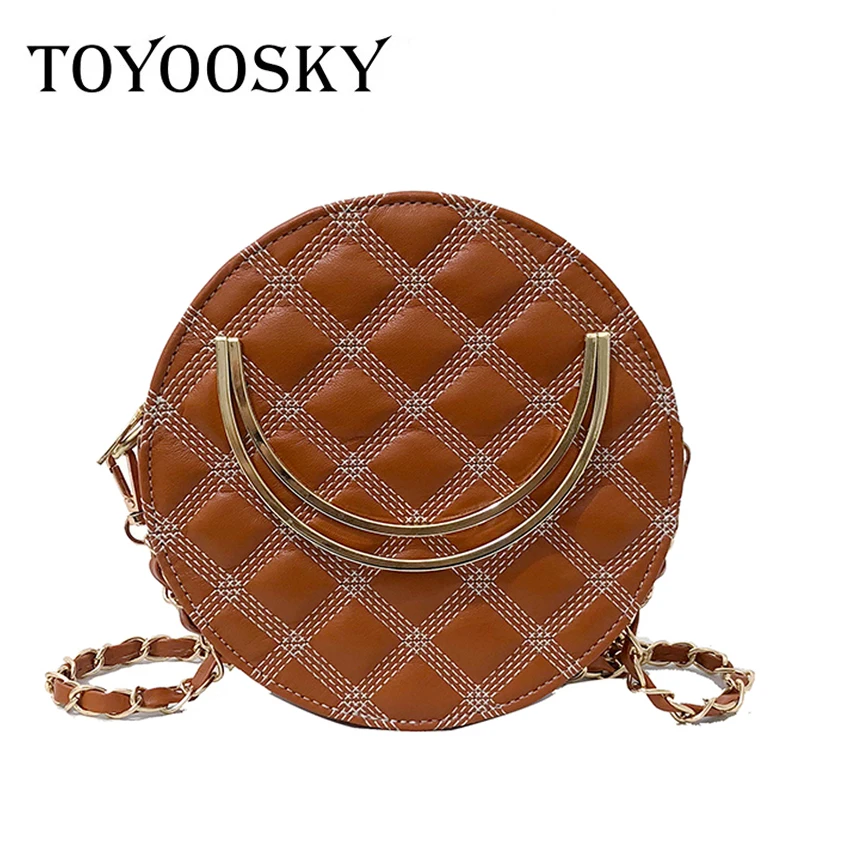 

TOYOOSKY 2018 Autumn New Circular PU Leather Retro Metal Ring Handbag Mini Round Diamond Lattice Shoulder bag Mini circle Bag