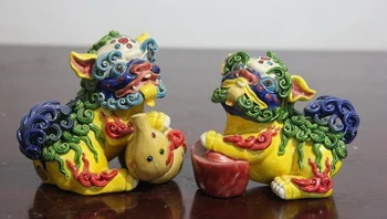 

Wu Cai pottery porcelain YuanBao gourd Evil Guardian Lion Foo Fu Dog Statue Pair
