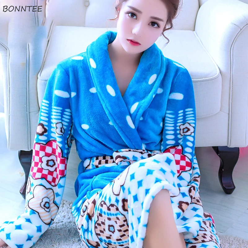 

Robes Women Trendy Korean Winter Thicker Warm Lovely Robe Womens Printed Bathrobe Long Soft Flannel Female Elegant Home Leisure