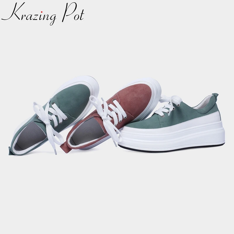 

2019 big size cow leather round toe lace up solid sneaker high heels thick bottom platform casual women vulcanized shoes L13
