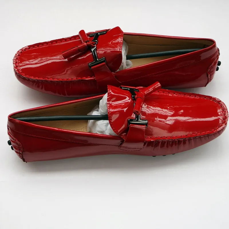 Мужские красные лакированные лоферы из натуральной кожи; обувь для вождения без застежки с бахромой; повседневная мужская обувь; большие размеры 11, 12, 45