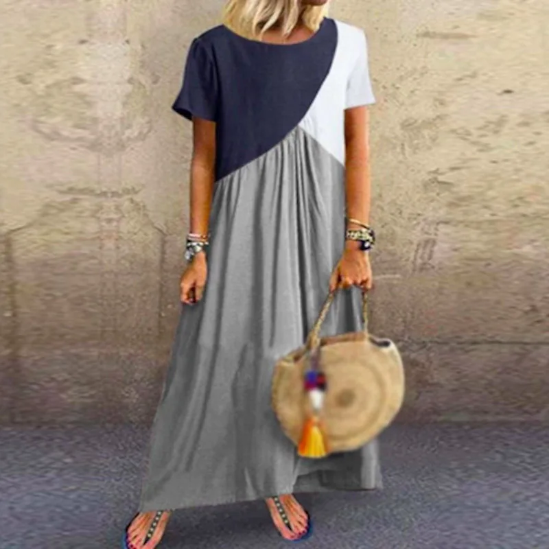 

Women Dress Geometric Mosaic Contrast Color Irregular Dresses Round Neck Short-sleeved Dress Hot Sale This Summer New Arrival