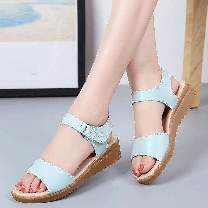 

flat sandals skid resistance platform belt fastener Genuine Leather Fashion Concise soulier femme TPR Low wedges shoes woman