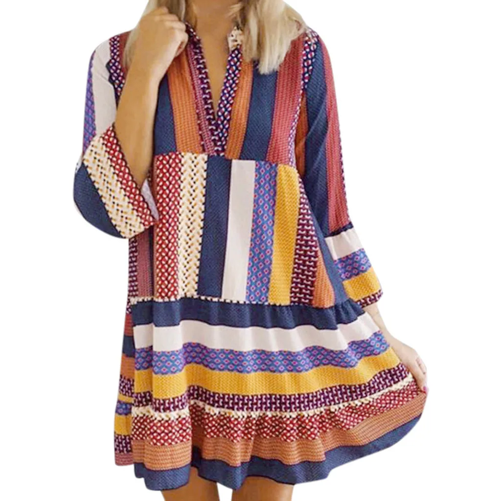 Многоцветный Feitong Fashion Dress Women Vestidos Autumn Plus Size Bohemian Ethnic Floral Stripes Long Sleeve V-Neck Dresses платье летнее - Цвет: Многоцветный