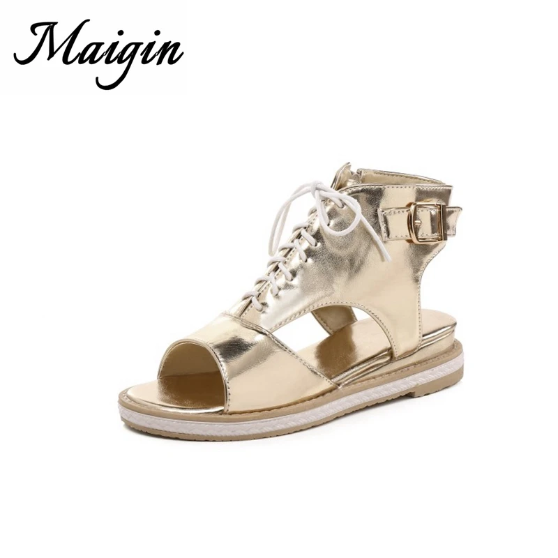 Maigin Low Heel Gold&Silver Sandals 2018 Lace up Platform Sandals Casual Shoes Women Walking Shoes Summer Footwear for Women
