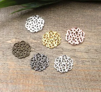 

14mm Filigree Flat Circle Flower Wraps Links Connectors European Charms Bu Yao Hair Clasp Accessories DIY Findings Multi-Color