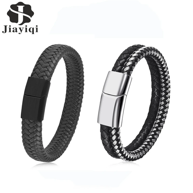 

Jiayiqi Men Leather Bracelet Stainless Steel Magnetic Clasp Bangel Male Jewelry Gift Black Red 2Pcs/Set