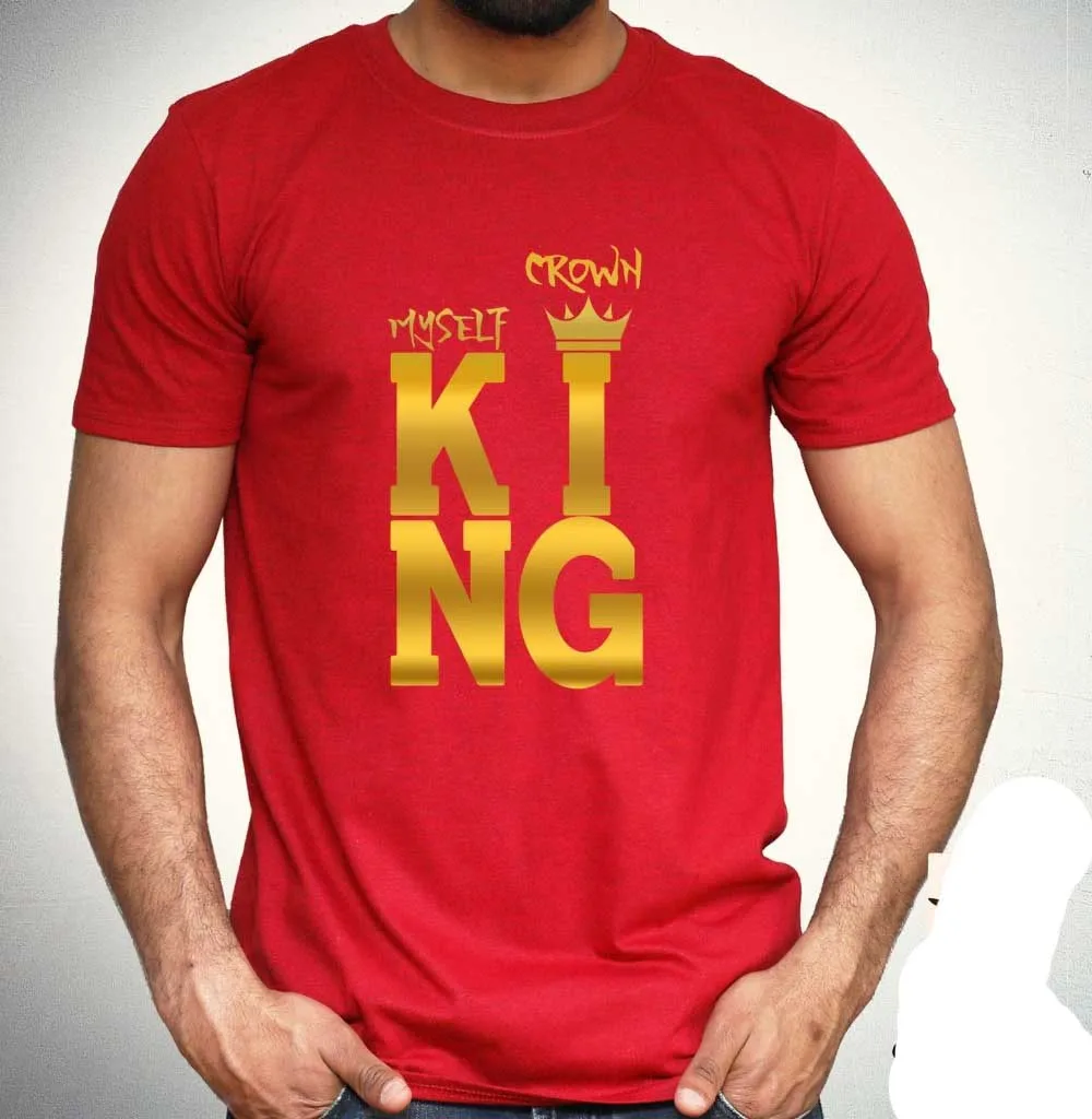 Men 2019 New Short Sleeve Crown My Self King T-Shirt Gold Print Fashion Tee design Black Gift Top Cotton T-Shirts | Мужская одежда