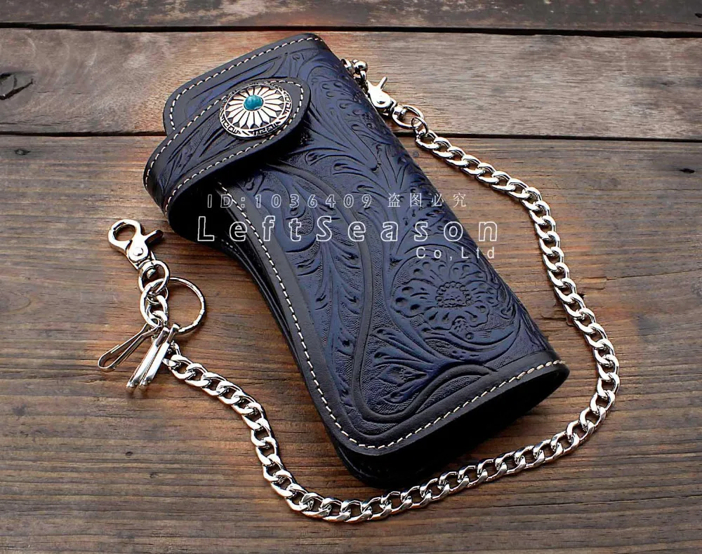 0 : Buy Men&#39;s Motorcycle Biker Carved Long Leather Wallet With a Heavy key chain ...