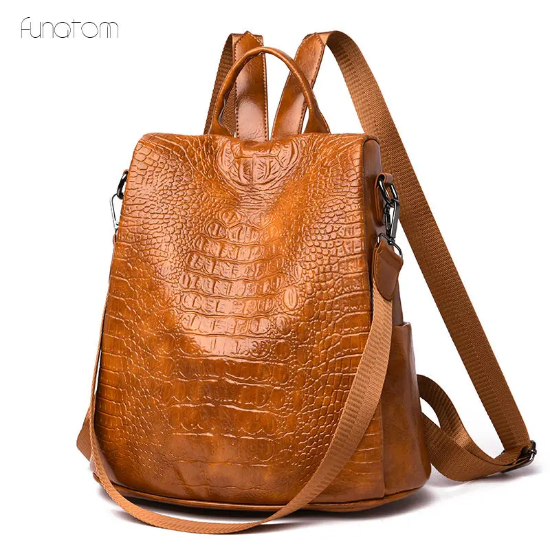 

Women Backpack Crocodile Leather School Bags For Teenage Girls Casual Large Capacity Multifunction Retro Travel Rucksack 2019