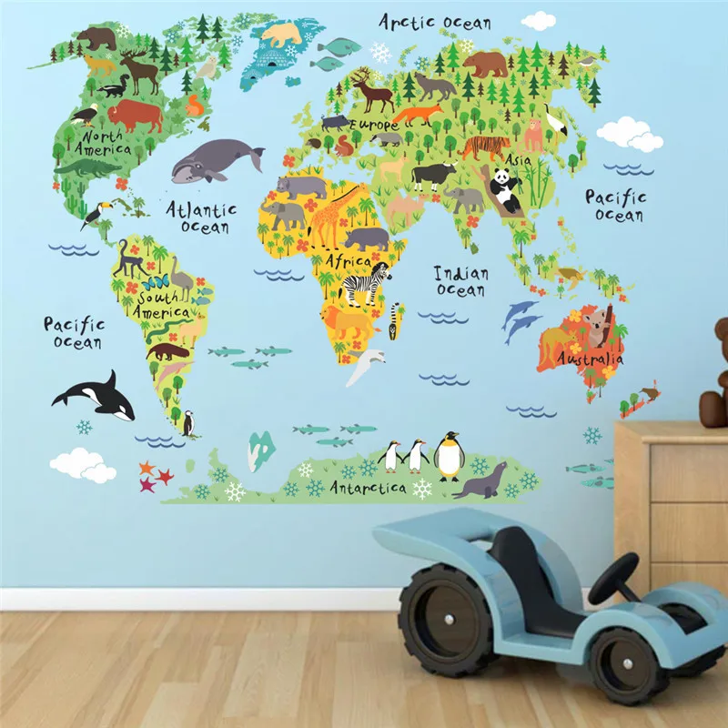 Мультяшные животные, Карта мира, настенные наклейки для детской комнаты, офиса, детской комнаты, домашний декор, 037, сделай сам, настенные наклейки, плакат, Фреска, искусство