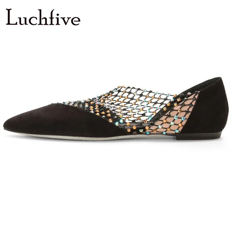 

New shining crystal kid suede women flat shoes black pointy toe cut outs outwear shallow slip on spring rhinestone shoes woman